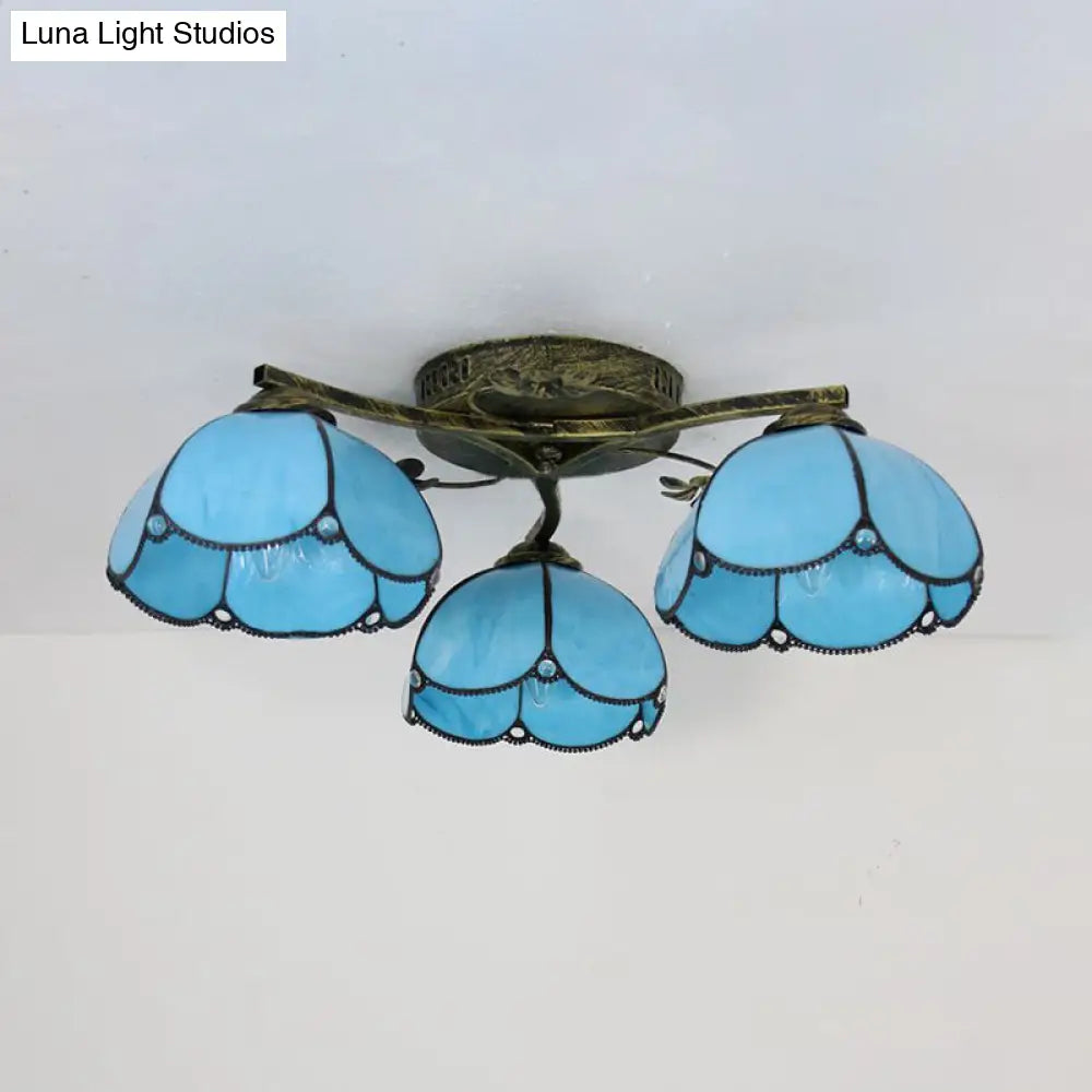 Rustic Dome Ceiling Fixture - Beige/Yellow-Blue/Clear/Blue Glass Flush Mount 3 Lights Living Room