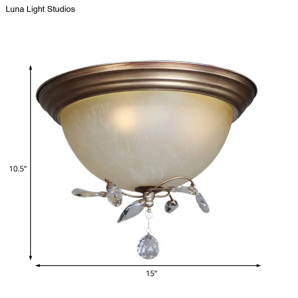 Rustic Dome Ceiling Fixture With Crystal Drop And 3 Glass Shade Lights - Bedroom Flush Mount Light
