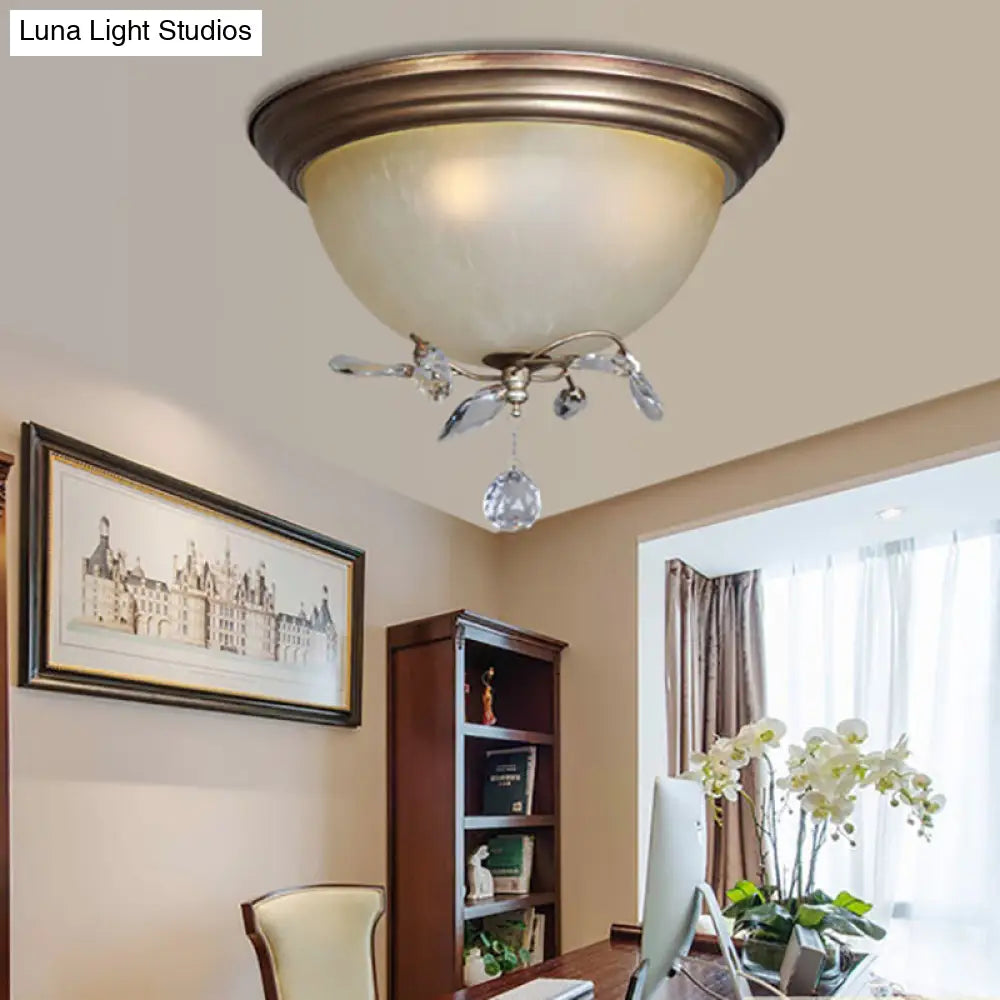 Rustic Dome Ceiling Fixture With Crystal Drop And 3 Glass Shade Lights - Bedroom Flush Mount Light