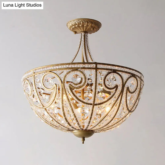 Rustic Dome Flush Mount Lamp - Gold Finish With Crystal Octagons & 5 Lights / Semi-Flush