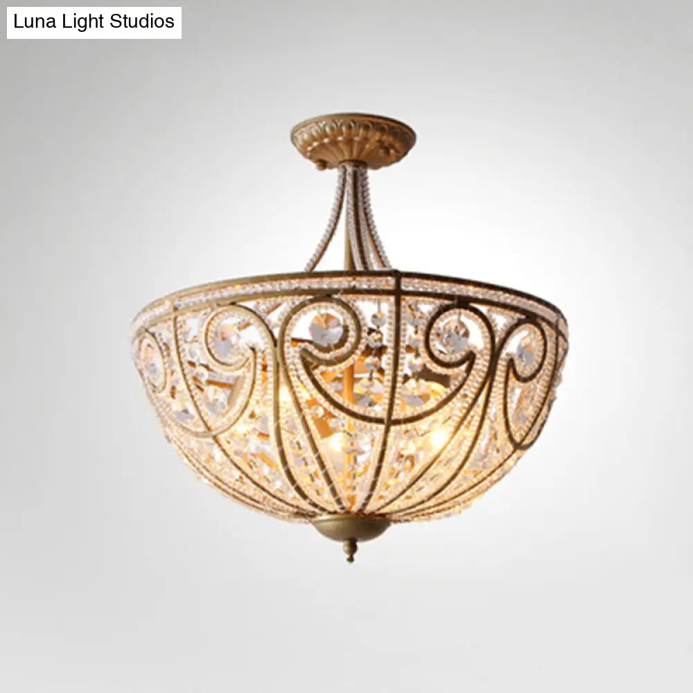 Rustic Dome Flush Mount Lamp - Gold Finish With Crystal Octagons & 5 Lights