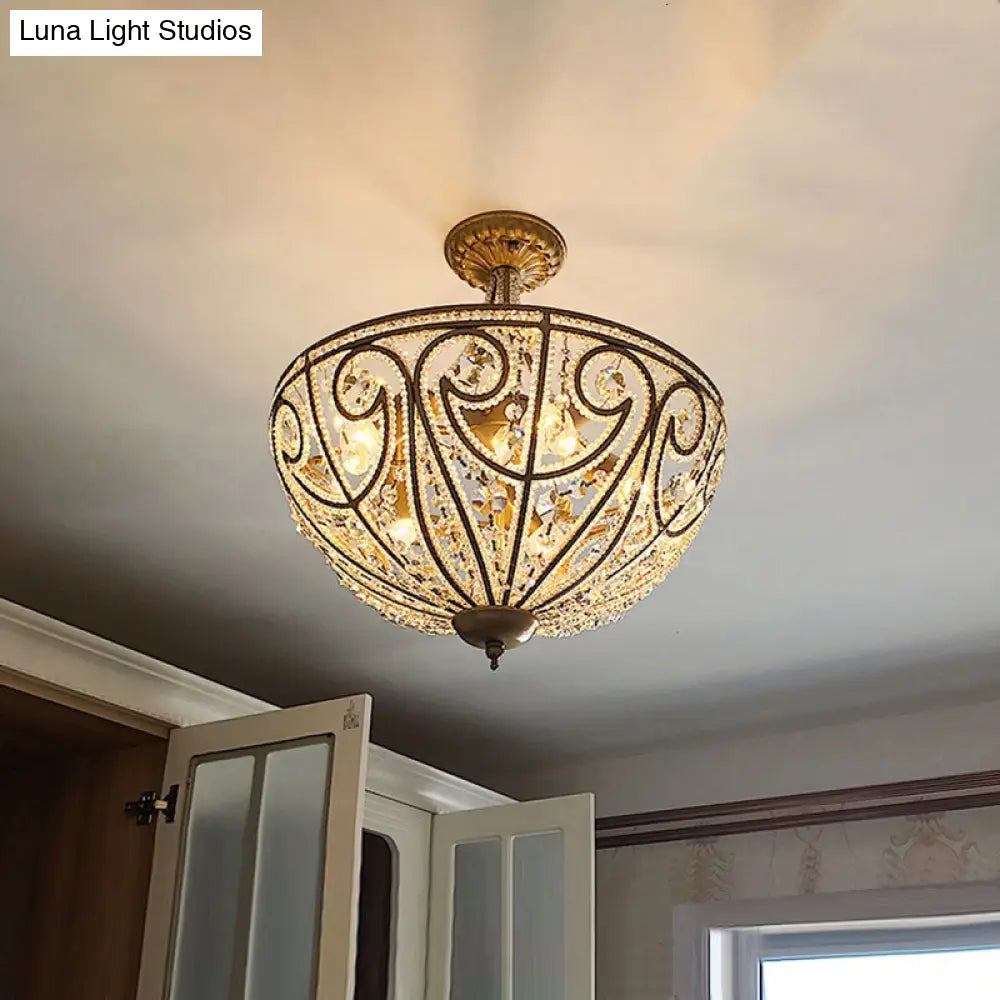 Rustic Dome Flush Mount Lamp - Gold Finish With Crystal Octagons & 5 Lights