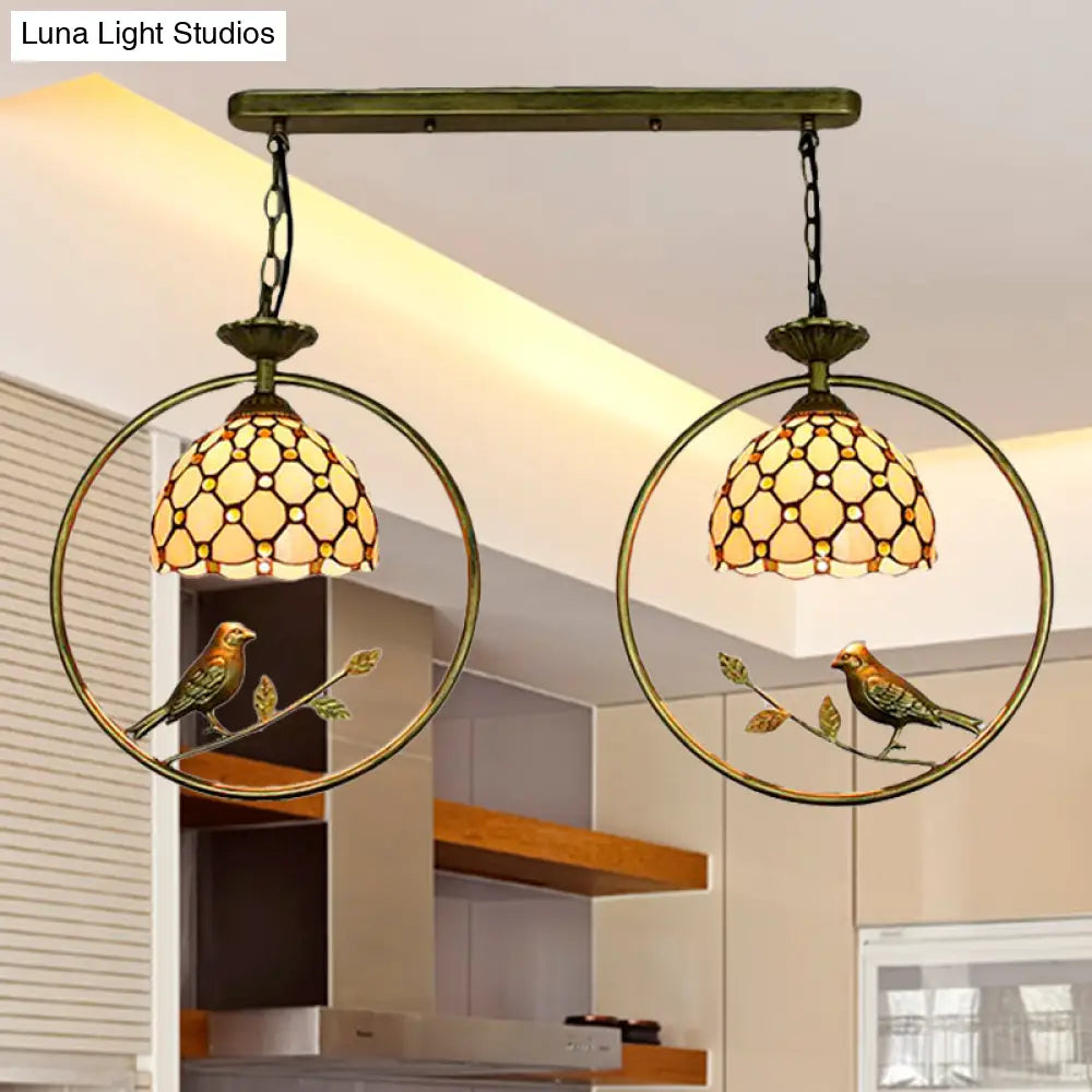 Rustic Dome Pendant Light With Bird Detail - Tiffany Glass Two Lights Perfect For Beige Restaurant