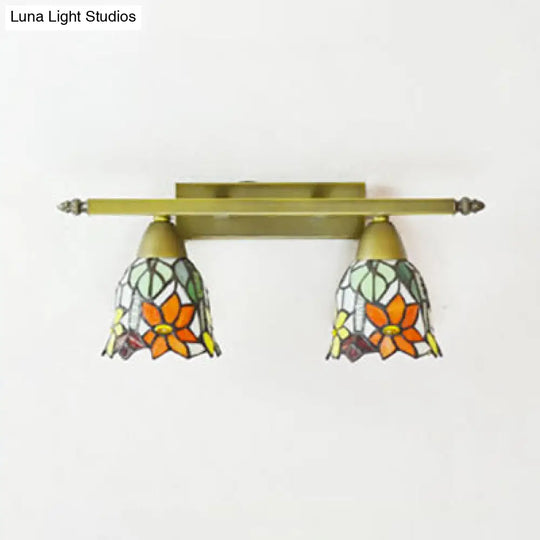 Rustic Dome Sconce Lighting With Stained Glass - 2 Lights Bathroom Vanity Light In Brass