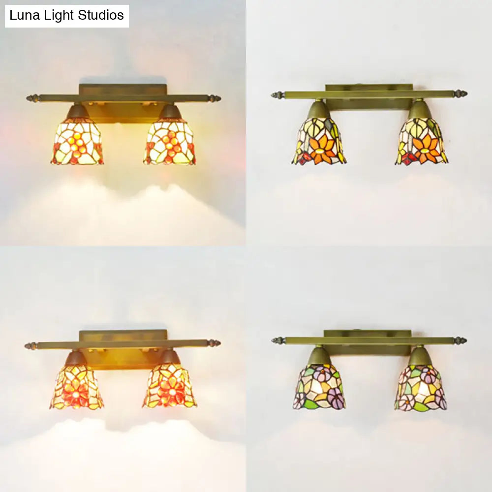 Rustic Dome Sconce Lighting With Stained Glass - 2 Lights Bathroom Vanity Light In Brass