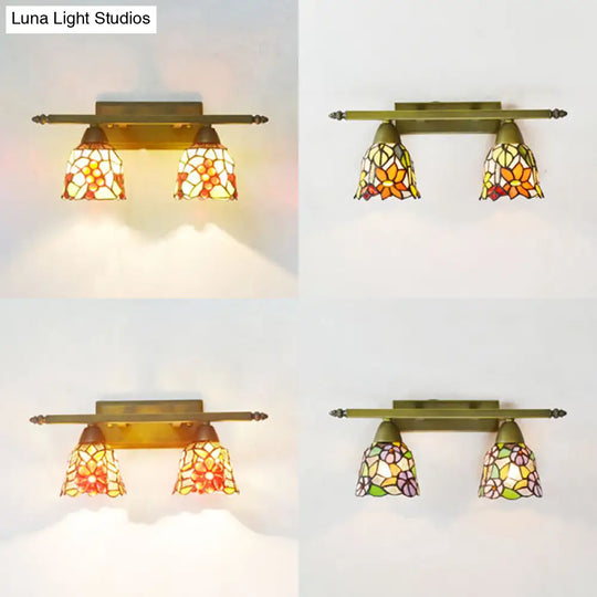 Rustic Dome Sconce Lighting With Stained Glass - 2 Lights Bathroom Vanity Light In Brass