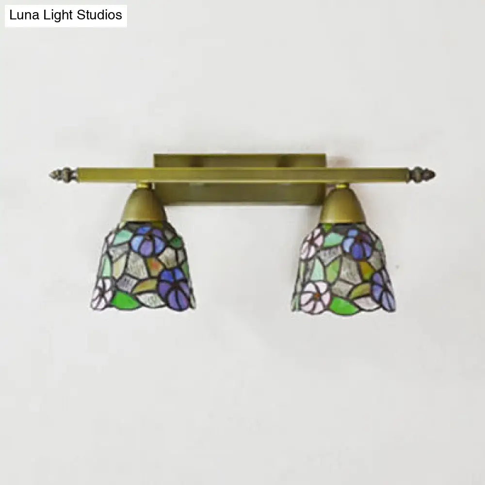 Rustic Dome Sconce Lighting With Stained Glass - 2 Lights Bathroom Vanity Light In Brass