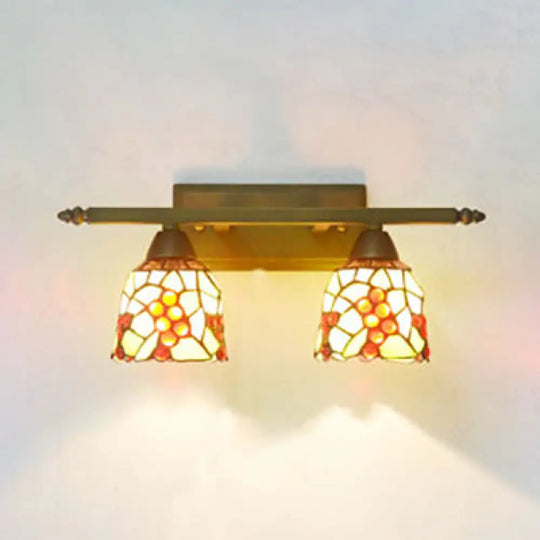 Rustic Dome Sconce Lighting With Stained Glass - 2 Lights Bathroom Vanity Light In Brass / Grape