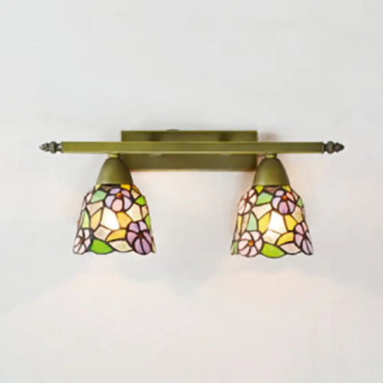 Rustic Dome Sconce Lighting With Stained Glass - 2 Lights Bathroom Vanity Light In Brass / Morning