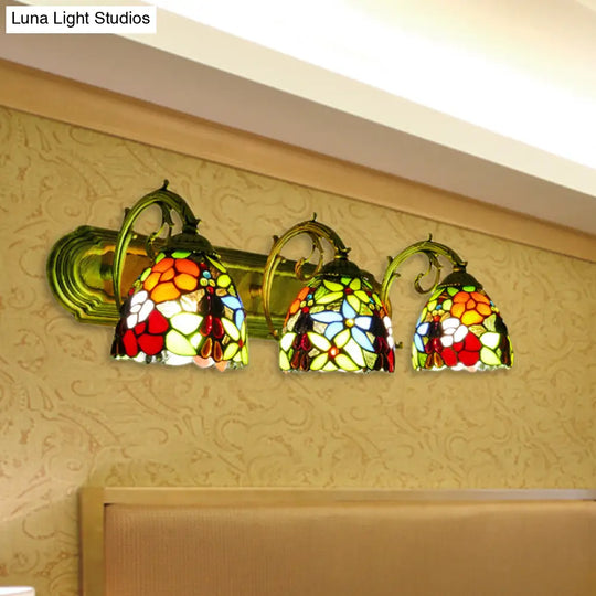 Rustic Dome Wall Sconce Stained Glass Lighting With Colorful Flower Pattern - 3 Lights