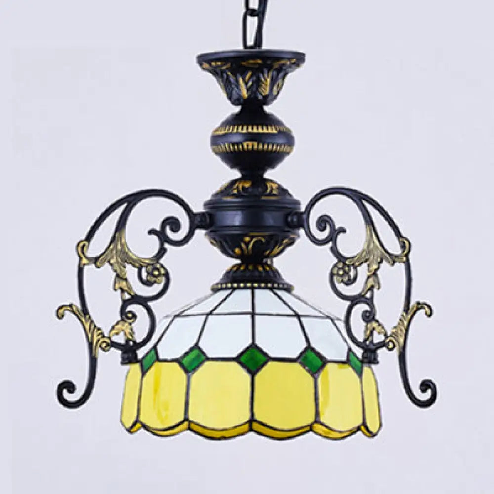 Rustic Domed Pendant Light With Hanging Chain - Yellow/Orange/Green/Blue 1 Black Finish For Dining