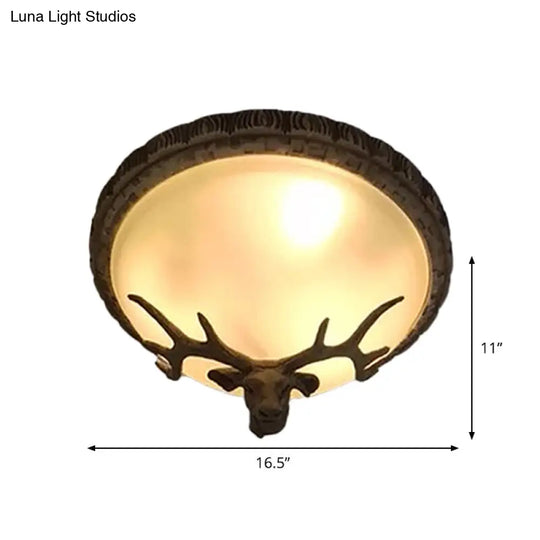 Rustic Domed Tan Glass Flush Light With Deer Head Decor 3-Bulb Ceiling Fixture Brown