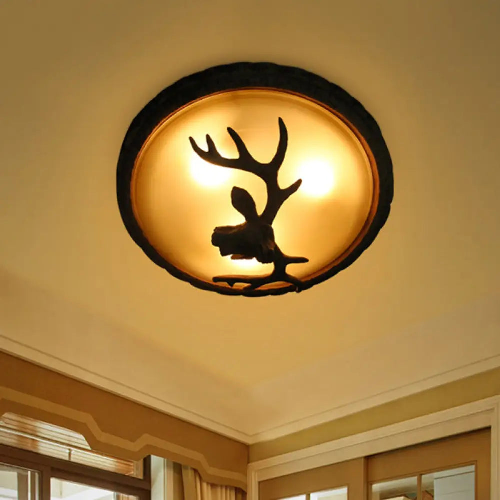 Rustic Domed Tan Glass Flush Light With Deer Head Decor – 3 - Bulb Ceiling Fixture Brown