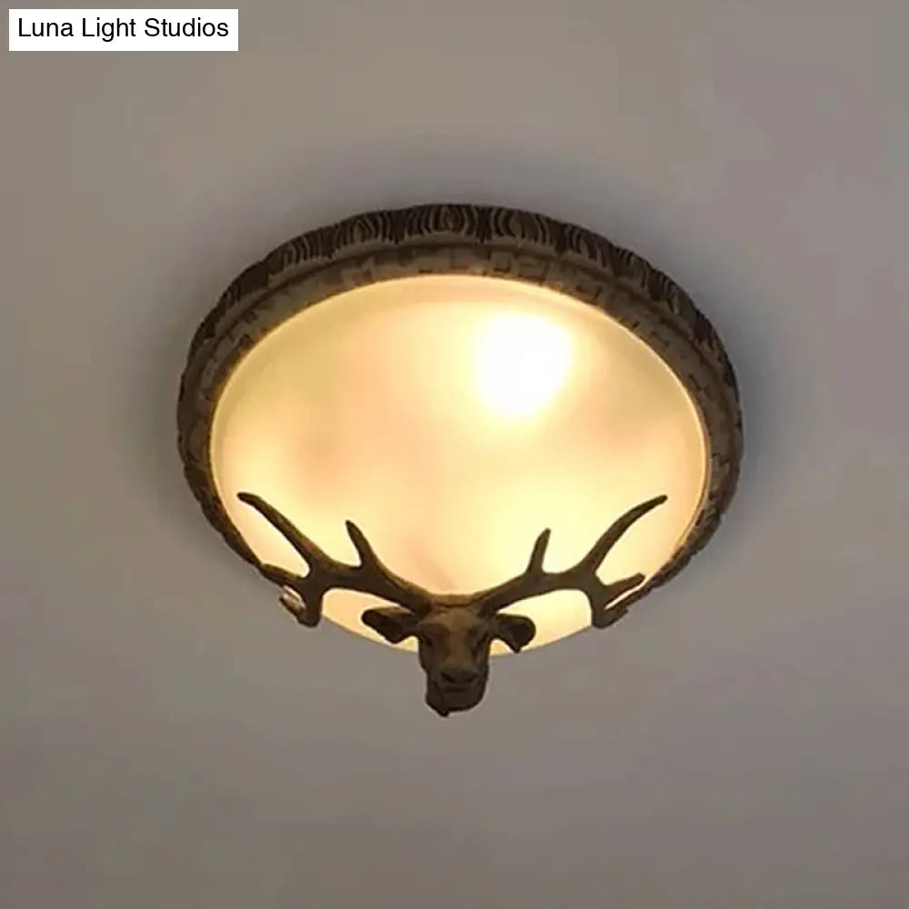 Rustic Domed Tan Glass Flush Light With Deer Head Decor 3-Bulb Ceiling Fixture Brown