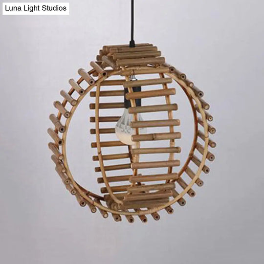 Rustic Double Rings Pendant Bamboo Stick Suspension Lamp - Single Bulb Foyer Lighting In Beige