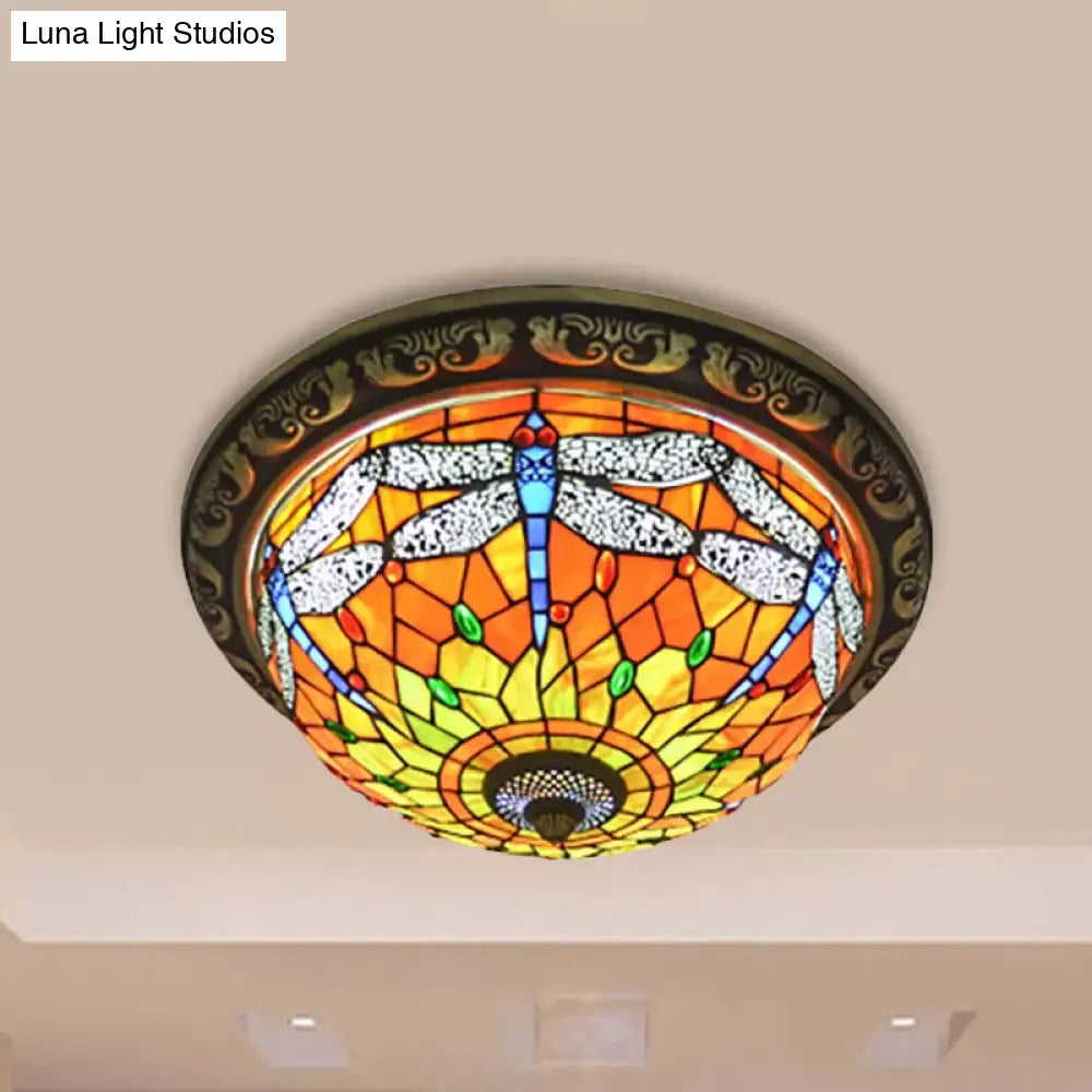Rustic Dragonfly Stained Glass Ceiling Light - 19.5/15 Width Orange Indoor Flush Mount / 19.5
