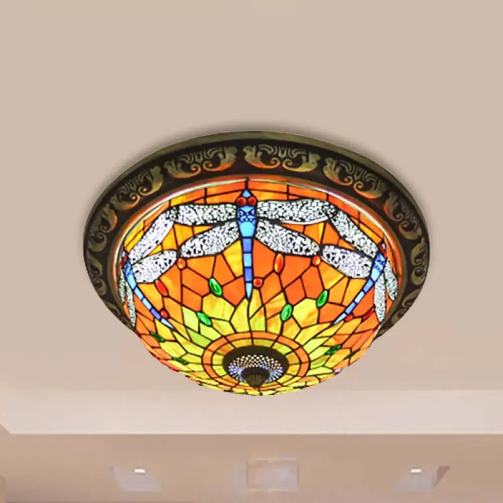 Rustic Dragonfly Stained Glass Ceiling Light - 19.5’/15’ Width Orange Indoor Flush Mount / 19.5’