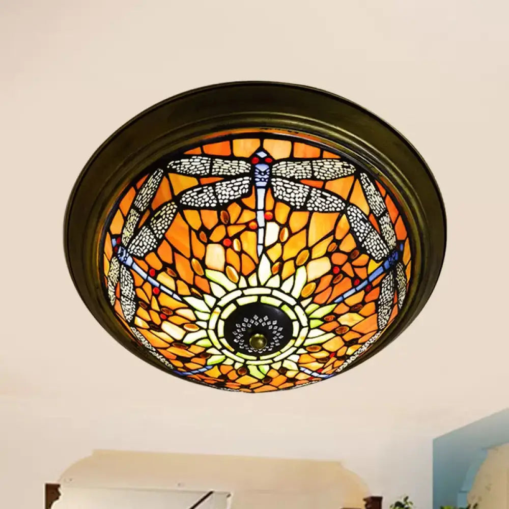 Rustic Dragonfly Stained Glass Ceiling Light - 19.5’/15’ Width Orange Indoor Flush Mount / 15’