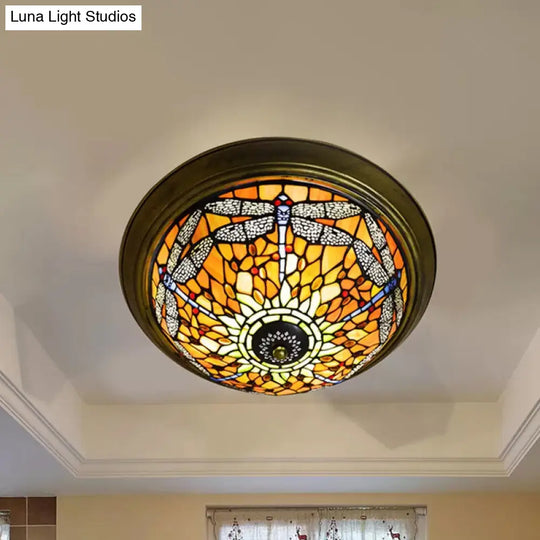 Rustic Dragonfly Stained Glass Ceiling Light - 19.5/15 Width Orange Indoor Flush Mount