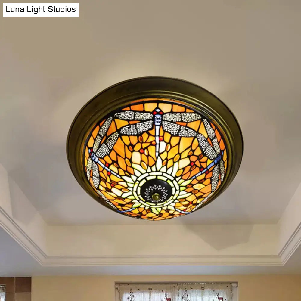 Rustic Dragonfly Stained Glass Ceiling Light - 19.5’/15’ Width Orange Indoor Flush Mount