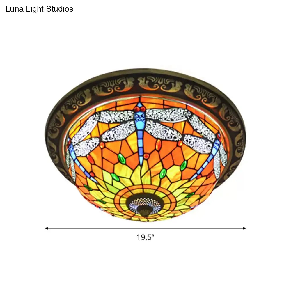 Rustic Dragonfly Stained Glass Ceiling Light - 19.5/15 Width Orange Indoor Flush Mount