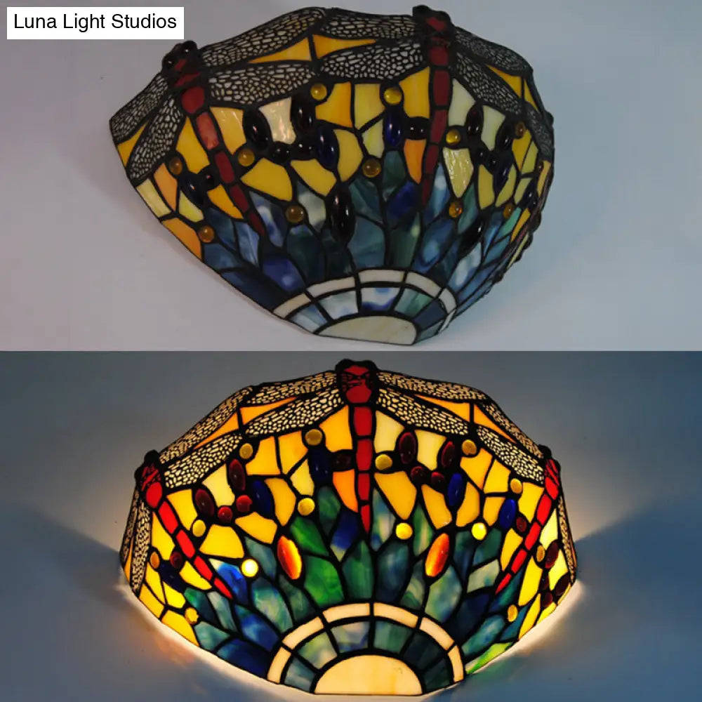 Rustic Dragonfly Stained Glass Sconce: 1-Light Wall Mount In Yellow & Green