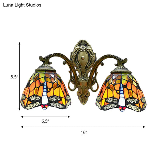 Rustic Dragonfly Wall Lamp Stained Glass - Tiffany Style 2 Bulbs Orange Sconce For Coffee Shop