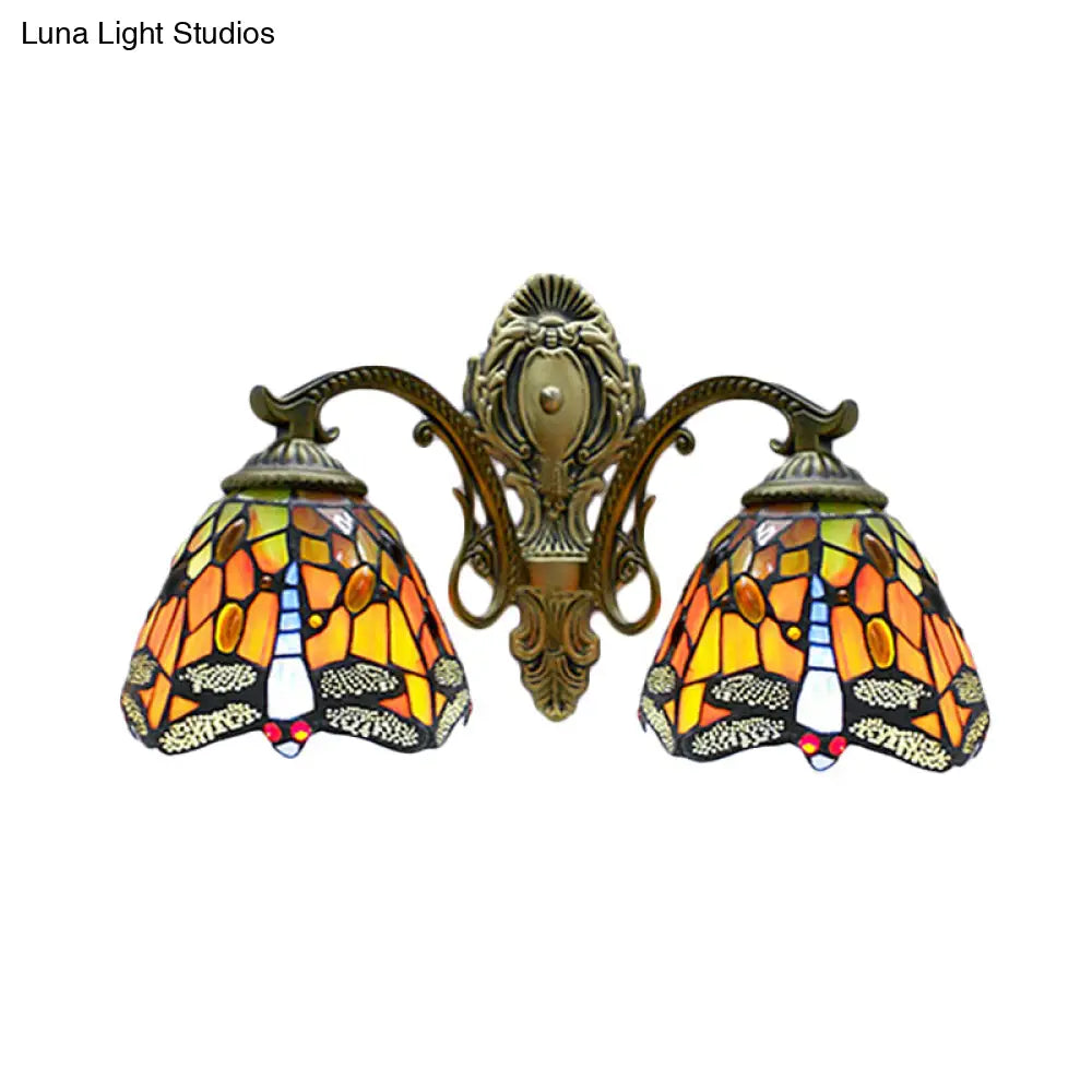 Rustic Dragonfly Wall Lamp Stained Glass - Tiffany Style 2 Bulbs Orange Sconce For Coffee Shop