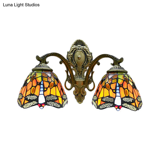 Rustic Dragonfly Wall Lamp Stained Glass - Tiffany Style 2 Bulbs Orange Sconce For Coffee Shop