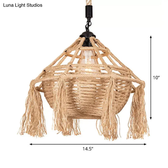 Countryside Rope Pendant Ceiling Light - Brown Droplet Shape With Tassel 1 Head For Restaurants