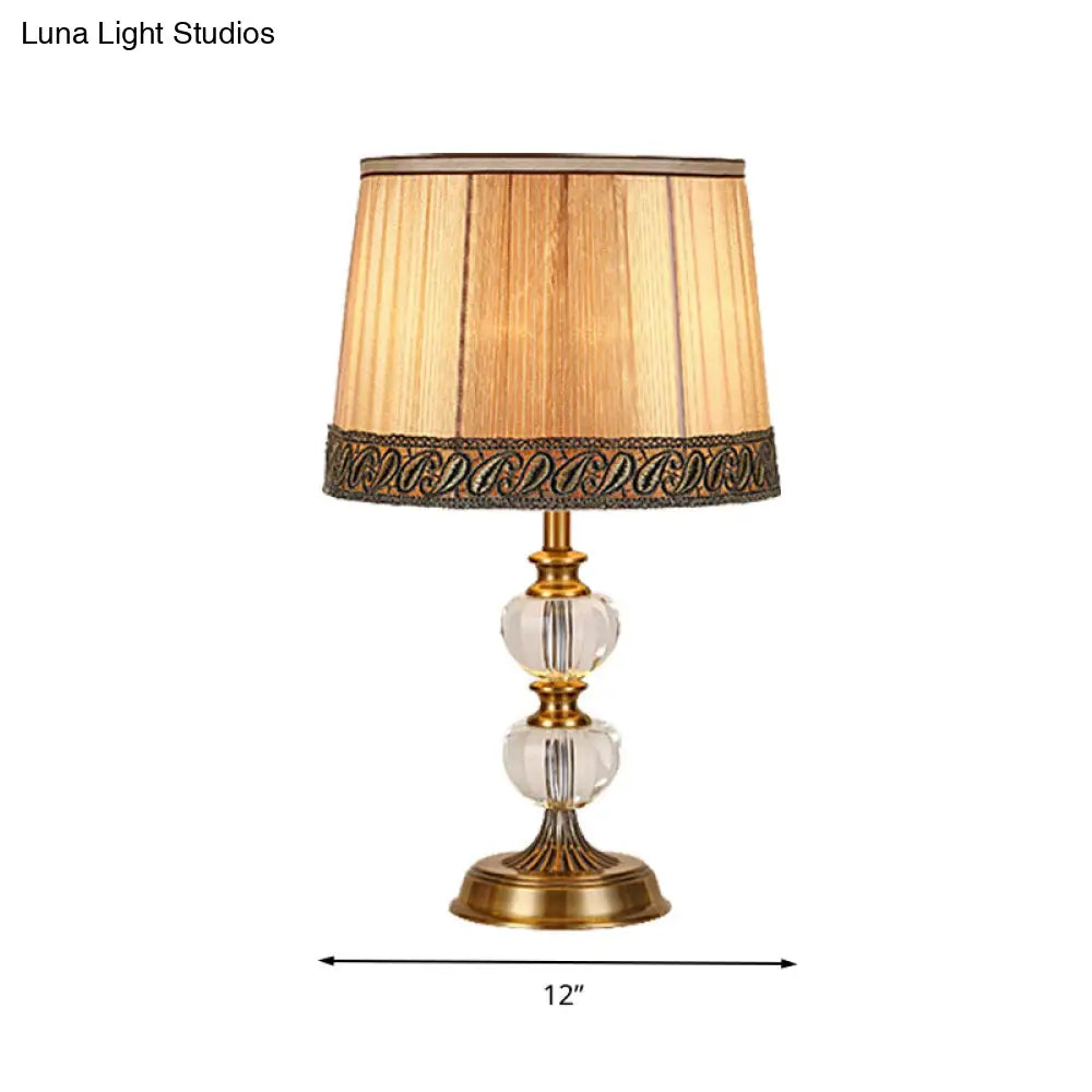 Rustic Drum Night Light Single Bulb Fabric Table Lamp In Beige For Bedroom With Crystal Accent