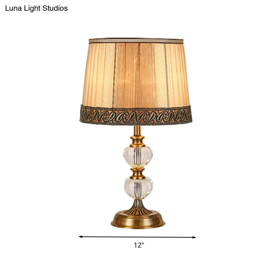 Rustic Drum Night Light Single Bulb Fabric Table Lamp In Beige For Bedroom With Crystal Accent