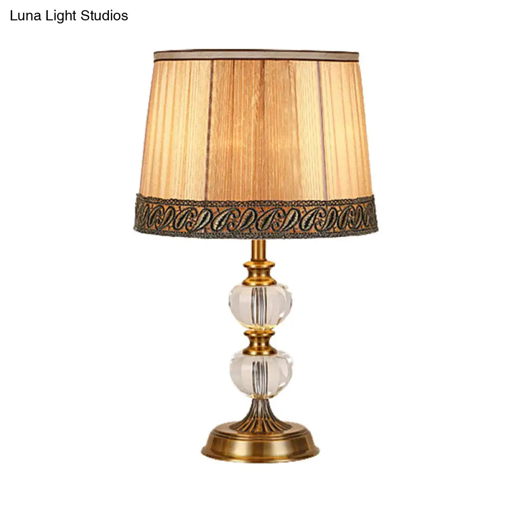 Rustic Drum Night Light Single Bulb Fabric Table Lamp In Beige For Bedroom With Crystal Accent