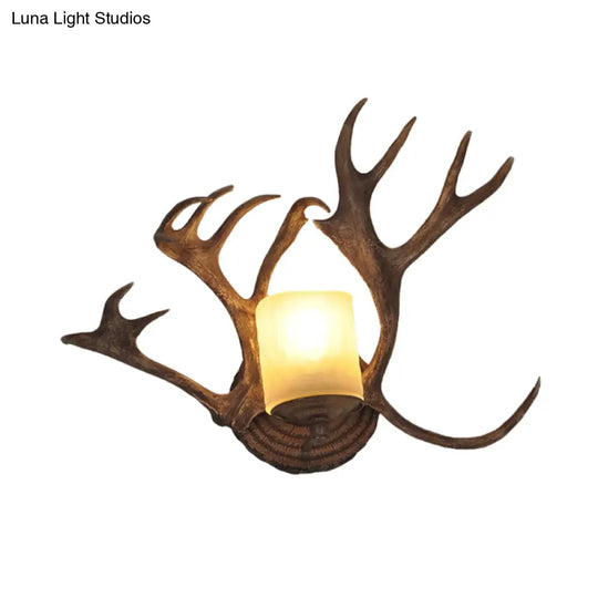 Rustic Drum Sconce Lamp - Wood Wall Mounted Light With Antler Deco For Bathroom