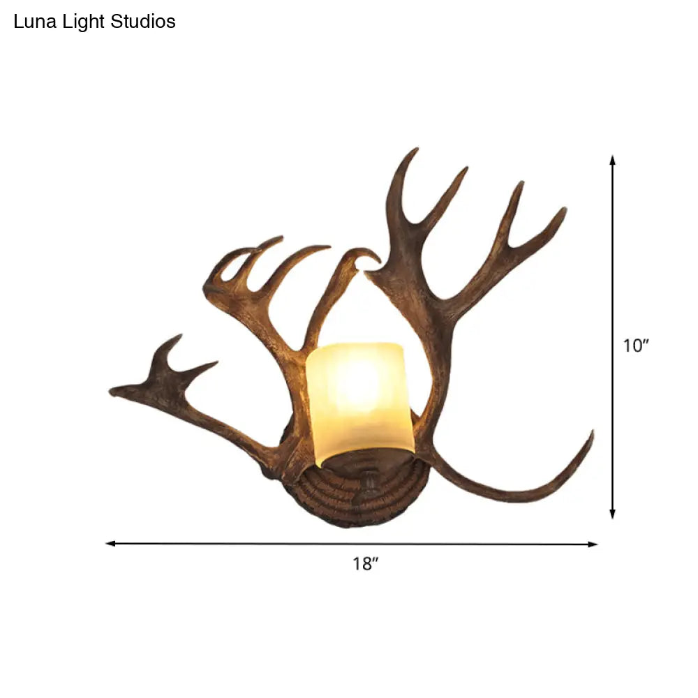 Rustic Drum Sconce Lamp - Wood Wall Mounted Light With Antler Deco For Bathroom