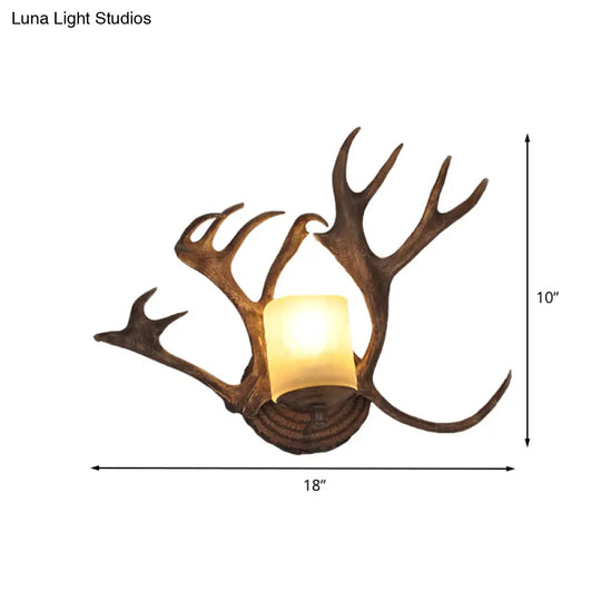 Rustic Drum Sconce Lamp - Wood Wall Mounted Light With Antler Deco For Bathroom