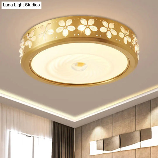 Rustic Drum Style Flush Light With Cream Glass & Led Ceiling Mounted Fixture Brass