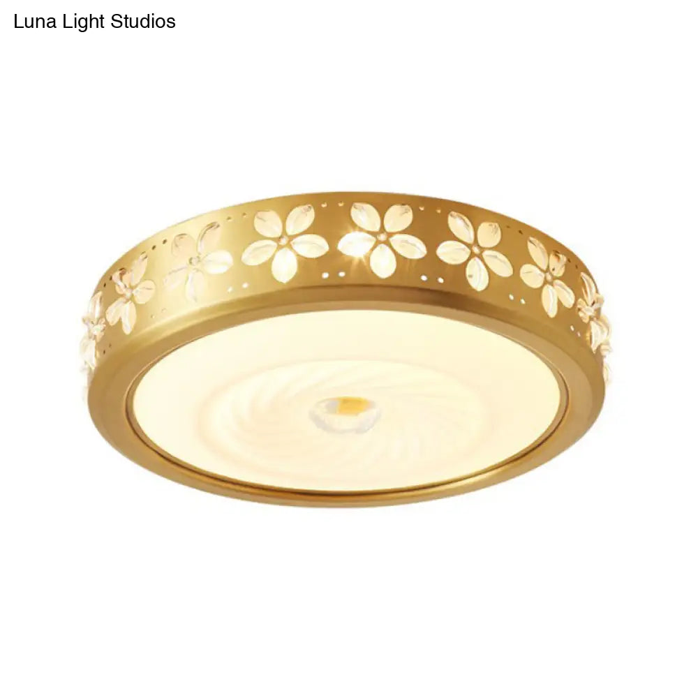 Rustic Drum Style Flush Light With Cream Glass & Led Ceiling Mounted Fixture Brass’