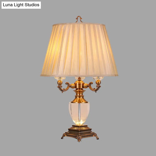 Rustic Elegance: Beige Pleated Shade Table Lamp With Crystal Accent - Perfect For The Bedroom