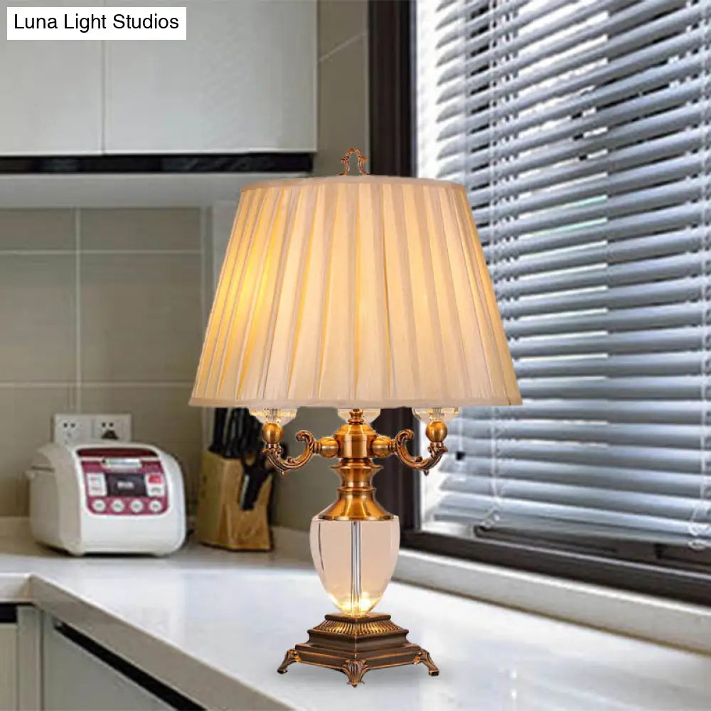 Rustic Elegance: Beige Pleated Shade Table Lamp With Crystal Accent - Perfect For The Bedroom