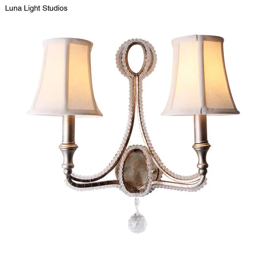 Rustic Empire Shade Fabric Wall Mounted Bedroom Sconce In White/Aged Silver - 1/2 Lights Fixture