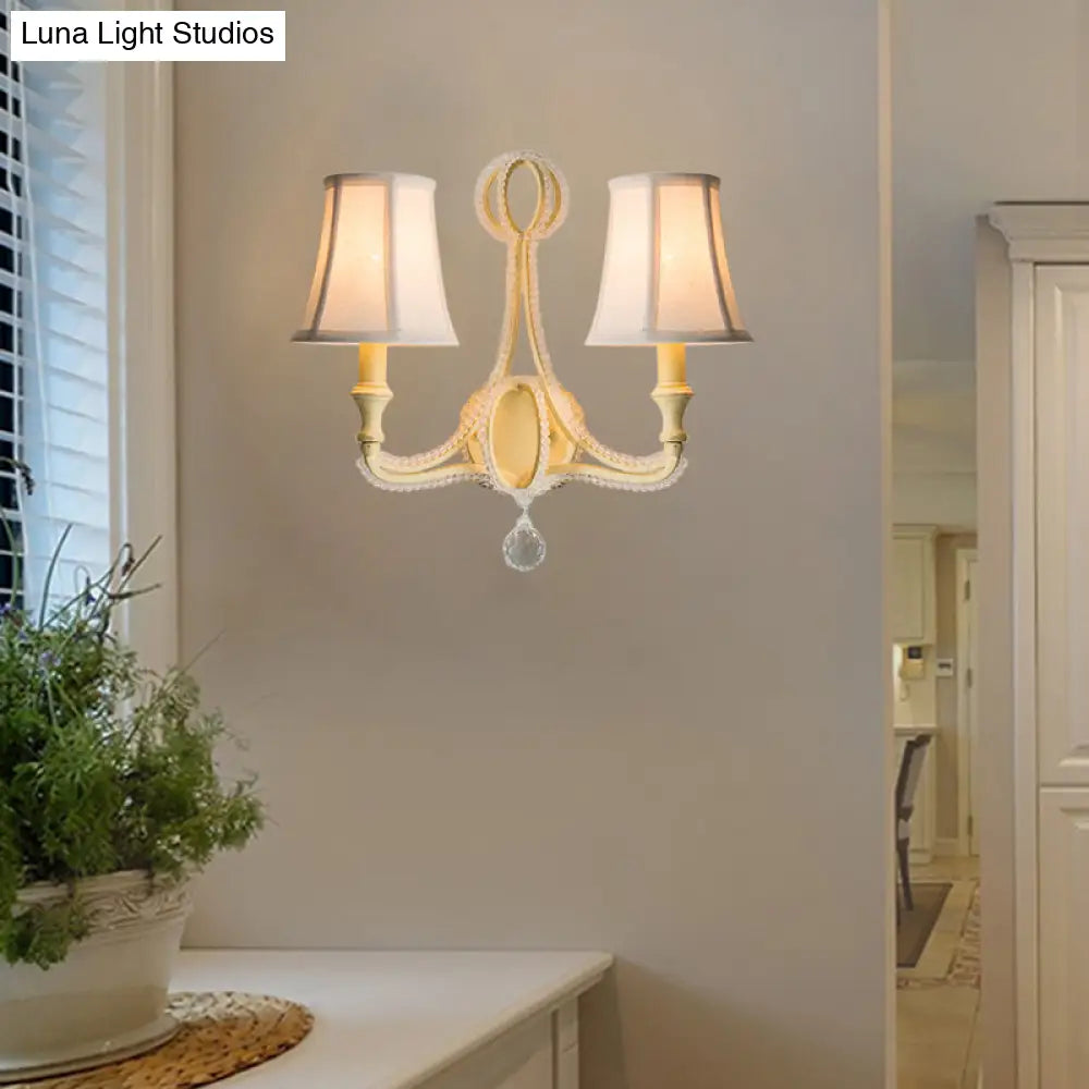 Rustic Empire Shade Fabric Wall Mounted Bedroom Sconce In White/Aged Silver - 1/2 Lights Fixture