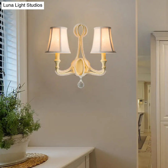 Rustic Empire Shade Fabric Wall Mounted Bedroom Sconce In White/Aged Silver - 1/2 Lights Fixture