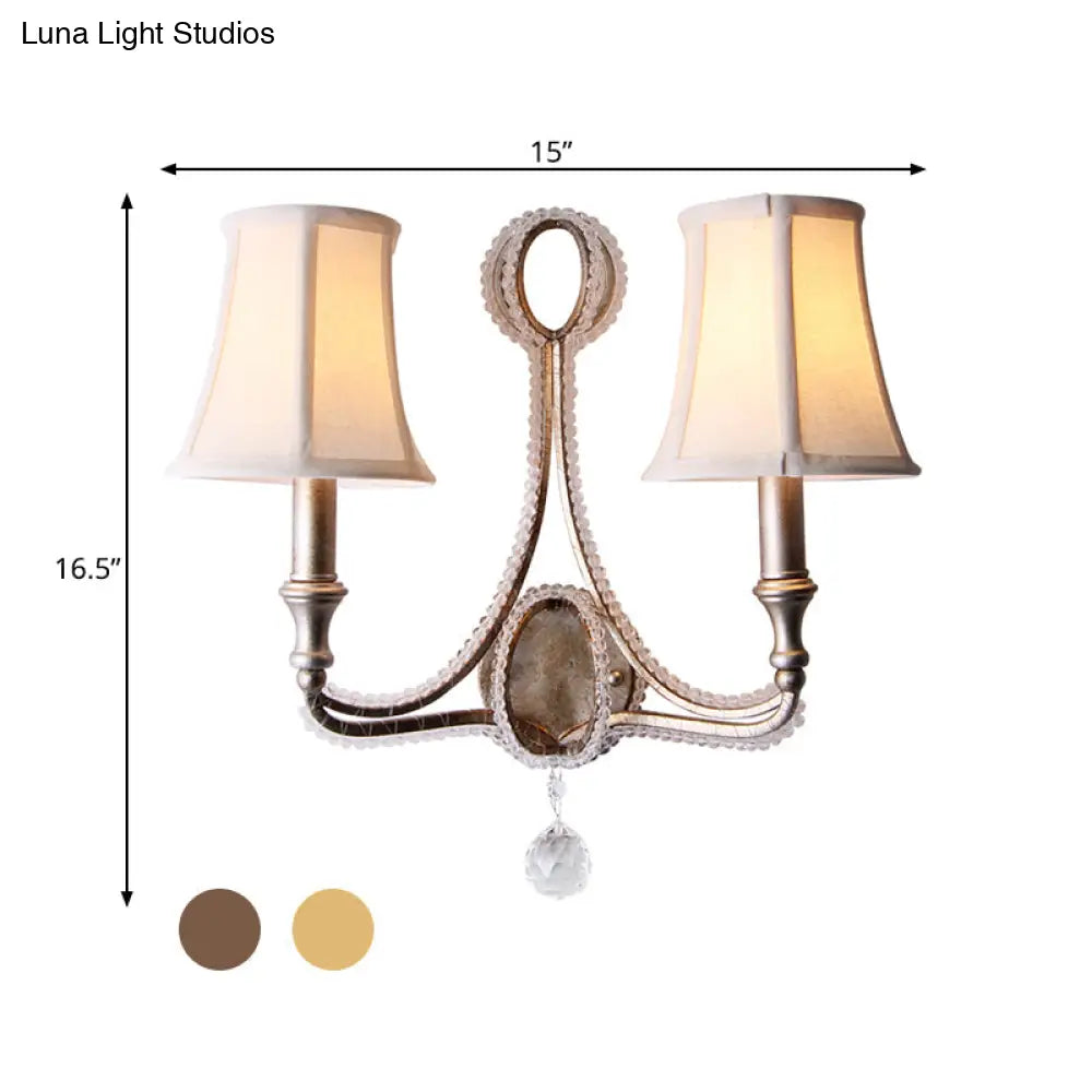 Rustic Empire Shade Fabric Wall Mounted Bedroom Sconce In White/Aged Silver - 1/2 Lights Fixture