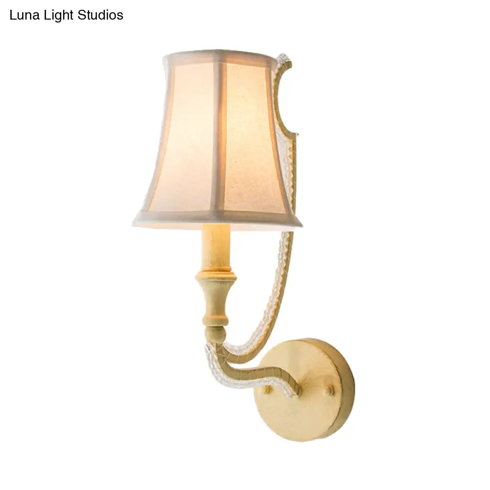 Rustic Empire Shade Fabric Wall Mounted Bedroom Sconce In White/Aged Silver - 1/2 Lights Fixture