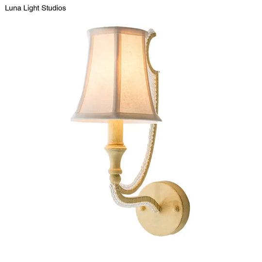 Rustic Empire Shade Fabric Wall Mounted Bedroom Sconce In White/Aged Silver - 1/2 Lights Fixture