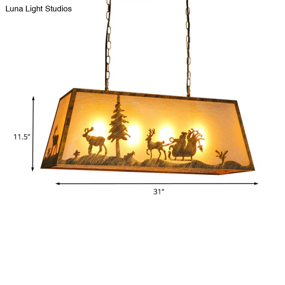 Rustic Etched Linear Island Lamp - 4-Light Plastic And Metal Ceiling Light In Beige