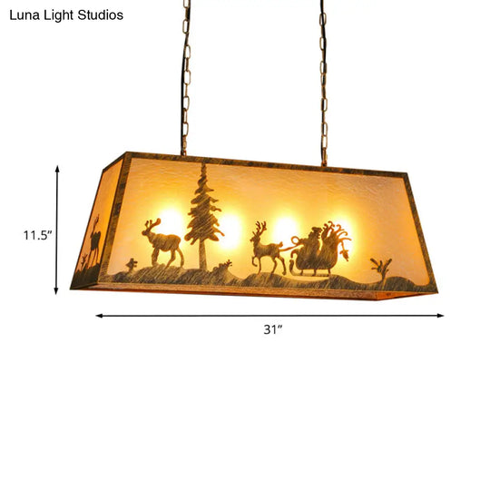 Rustic Etched Linear Island Lamp - 4-Light Plastic And Metal Ceiling Light In Beige