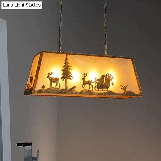 Rustic Etched Linear Island Lamp - 4-Light Plastic And Metal Ceiling Light In Beige