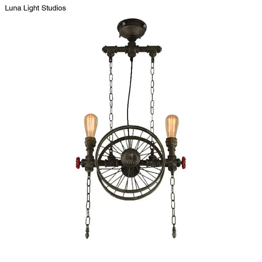 Rustic Exposed Bulb Hanging Light With Wheel Design - 2 Lights Wrought Iron Pendant Chandelier